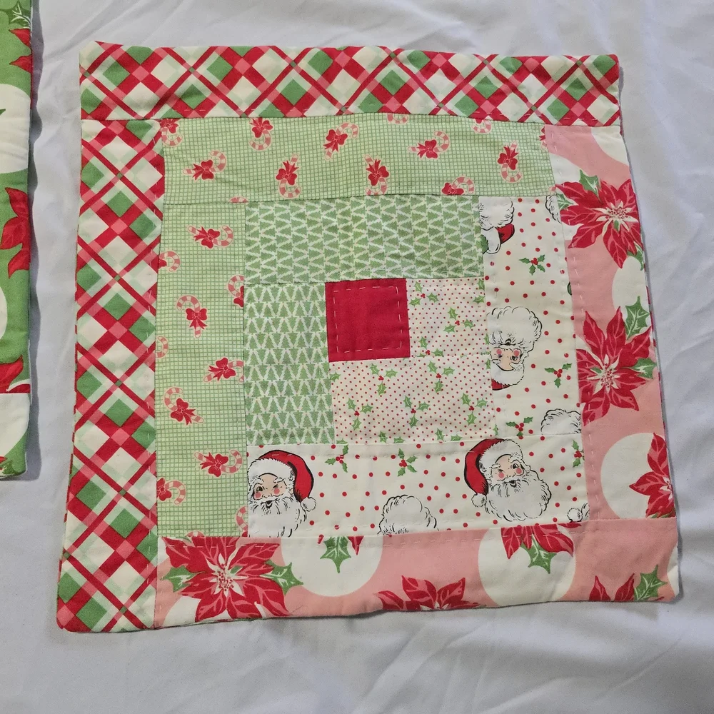 Set of Christmas Themed Quilted Throw Pillow Covers, Square, 13